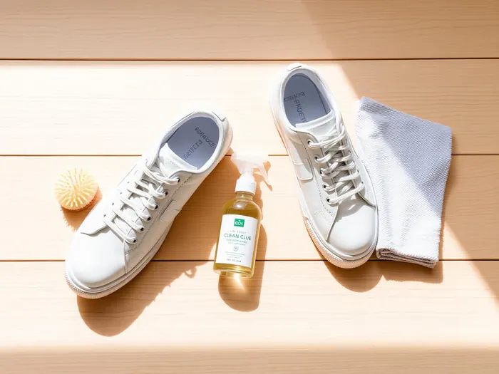 Clean white sneakers with cleaning brushes and eco solution